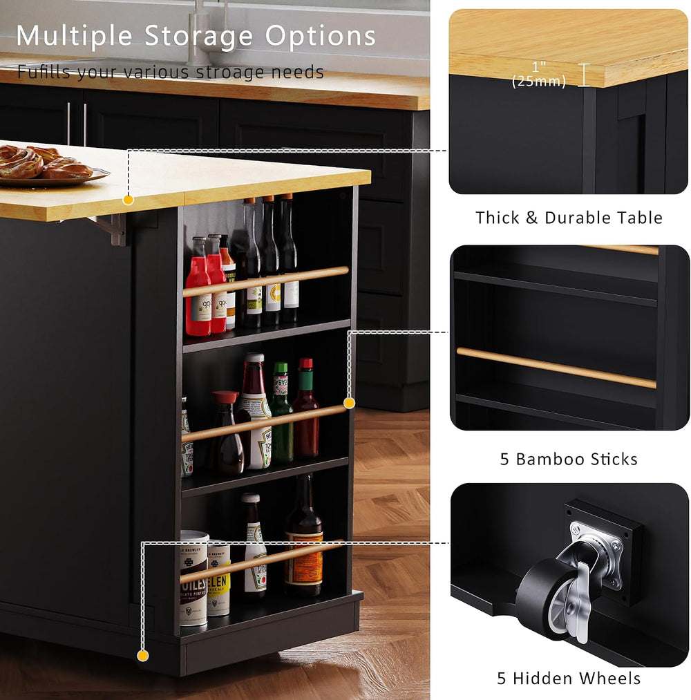 53" Kitchen Island with 2 Bar Stools, Large Rolling Kitchen Island on 5 ...