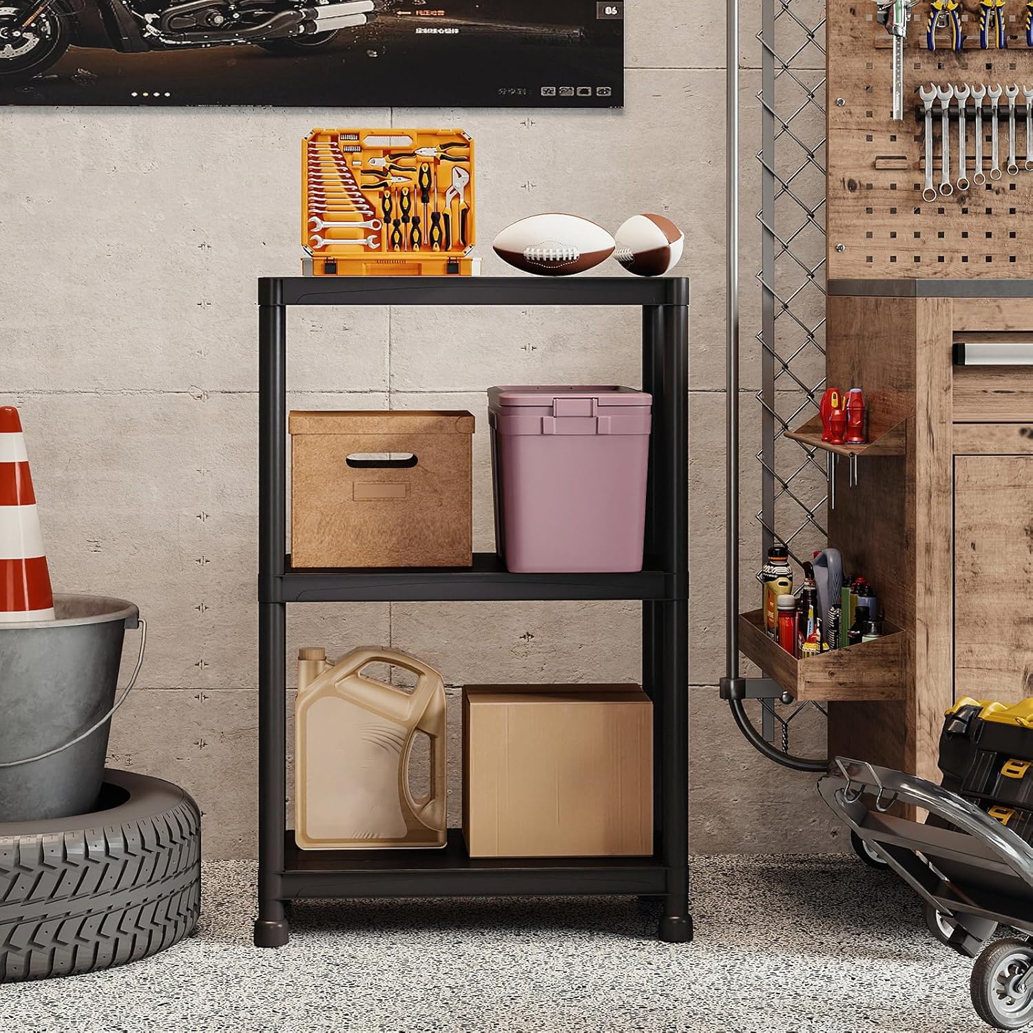 Giantex 3-Tier Heavy-Duty Plastic Storage Shelves, Freestanding Garage Shelving Unit, Multi-Use Organizer Rack for Pantry, Kitchen, Laundry, No-Tool Assembly, Black (1,24" x 12.5" x 37")