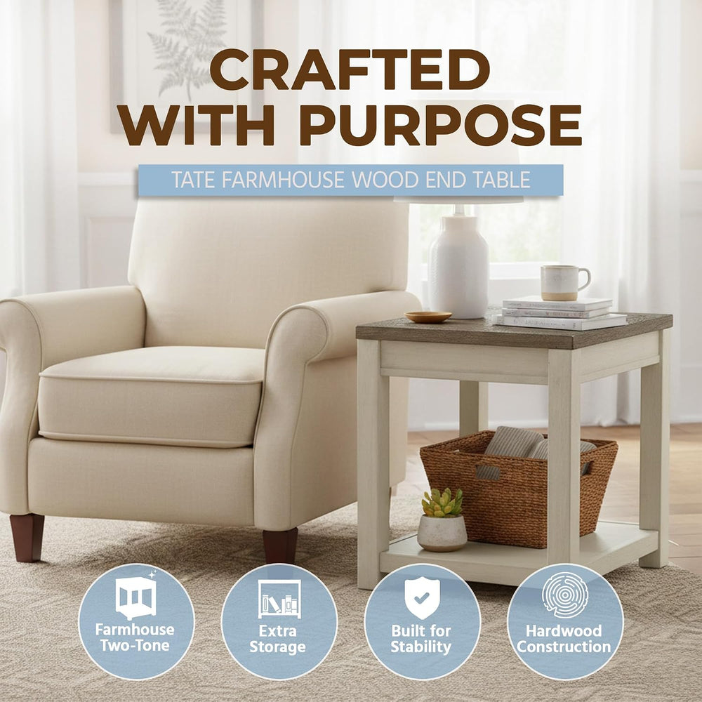 ROME + OAK Tate Farmhouse End Table, Wooden Home Accent Furniture with Shelf,...