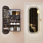 LVSOMT LED Mirror Jewelry Cabinet, Wall/Door Mount Jewelry Mirror Organizer, Rounded Full Length Mirror with Storage, Lockable Jewelry Armoire, 16" Wide, Foldable Shelf, Interior Mirror, Black