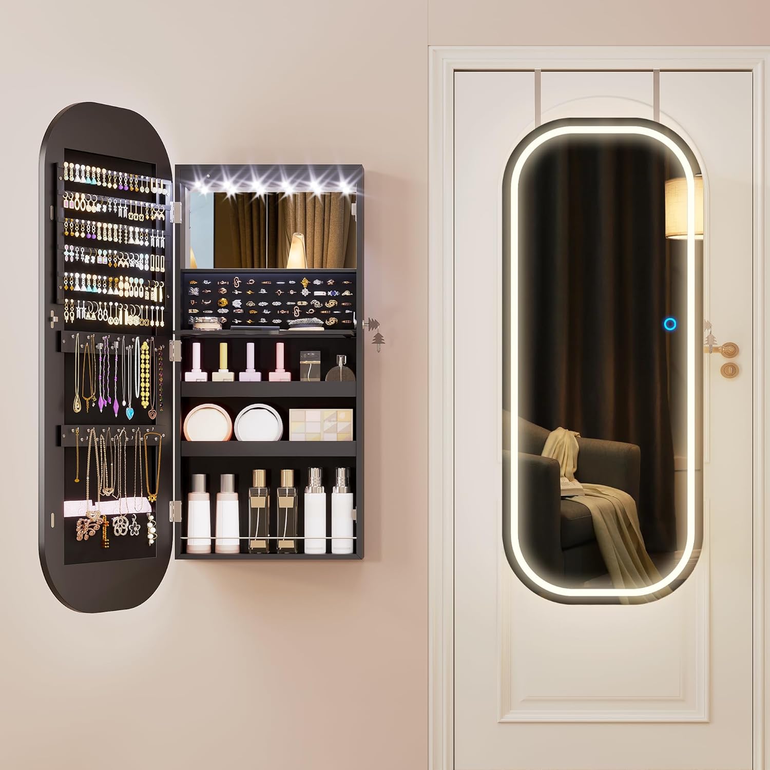 LVSOMT LED Mirror Jewelry Cabinet, Wall/Door Mount Jewelry Mirror Organizer, Rounded Full Length Mirror with Storage, Lockable Jewelry Armoire, 16" Wide, Foldable Shelf, Interior Mirror, Black