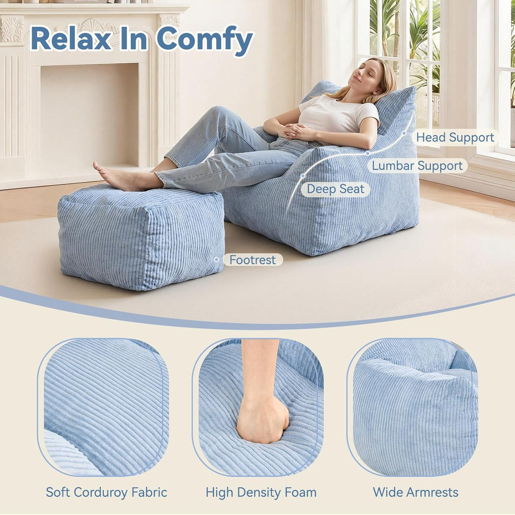 INMOZATA Bean Bag Chair with Ottoman, Cloud Boneless Couch - Oversized Memory Foam Beanbag Set for Adults & Teens, 3FT Plush Corduroy Comfy Lounge Sofa for Bedroom, Dorm & Reading Nook (Light Blue)