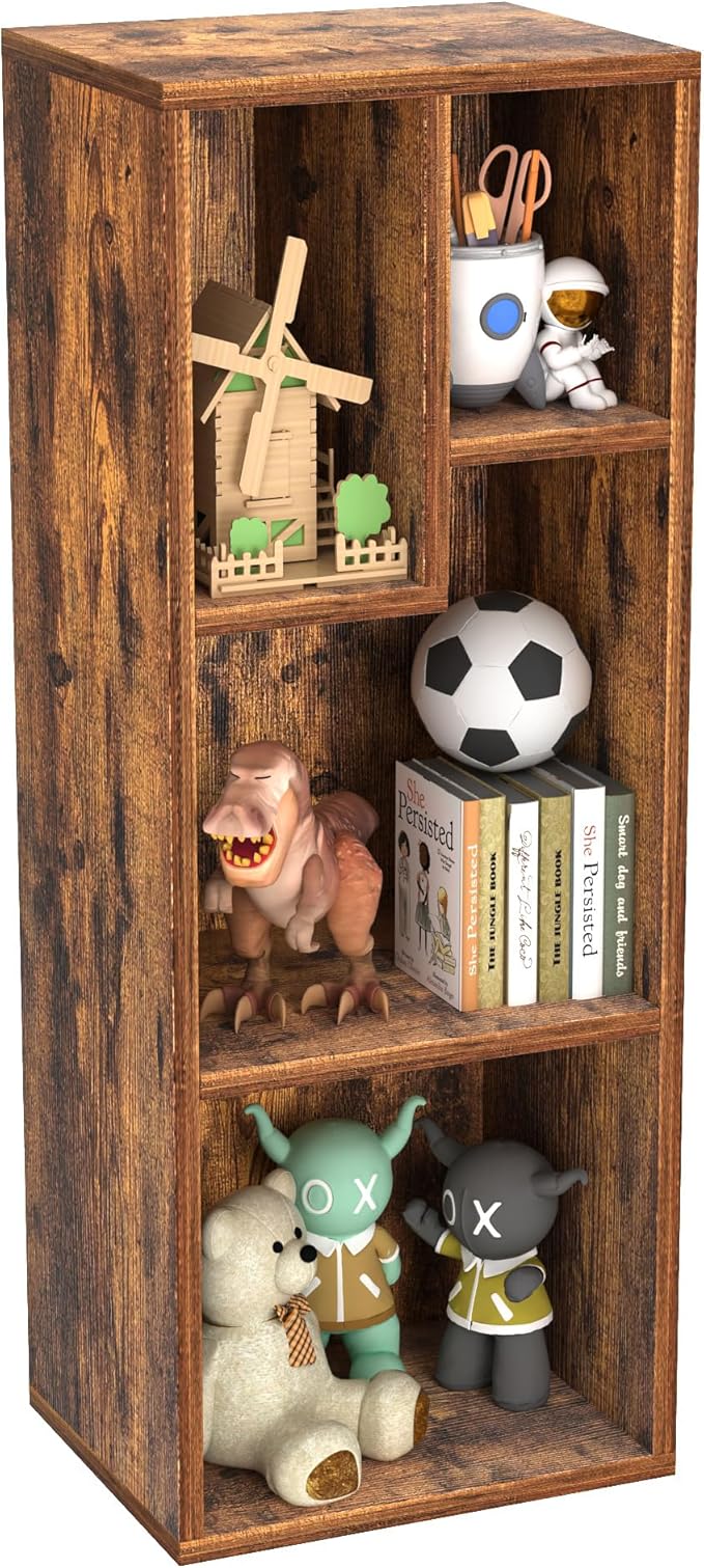 VECELO Small Bookshelf, 4 Cube Slim Bookcase, Fits Tallest Hardcovers, Horizontal Available, Modern Floor Standing Unit, Each Shelf Hold Up to 66 LBS, Vintage Brown