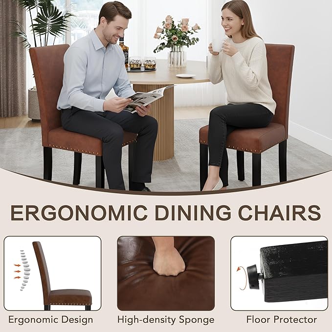 LSSBOUGHT Dining Chairs Set of 6, Modern Dining Room Chair,Upholstered Pu Leather Kitchen Chair with Vintage Copper Nail for Restaurant & Cafe(Brown,6pcs)