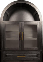 Farmhouse Tall Arched Kitchen Pantry Cabinet with Glass Barn Door – Adjustable Shelves & Built-in Racks for Dining Room & Living Room Storage (Black)