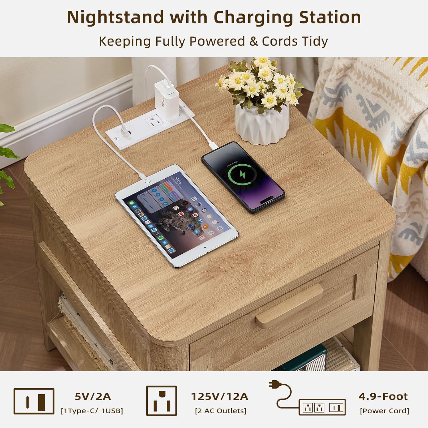 Joaxswe Farmhouse Side Table Set of 2 Living Room, Natural Wood | Small Nightstand with 1 Drawers & Open Shelving & 4 Thickened Table Legs & Rounded Corners