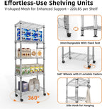 5-Tier Metal Storage Shelving Unit with Wheels, Adjustable Wire Shelf Rack with Side Handle, Stable Metal Shelves Organizer for Pantry, Kitchen and Closet,11.8" W x 23.6" D x 61" H