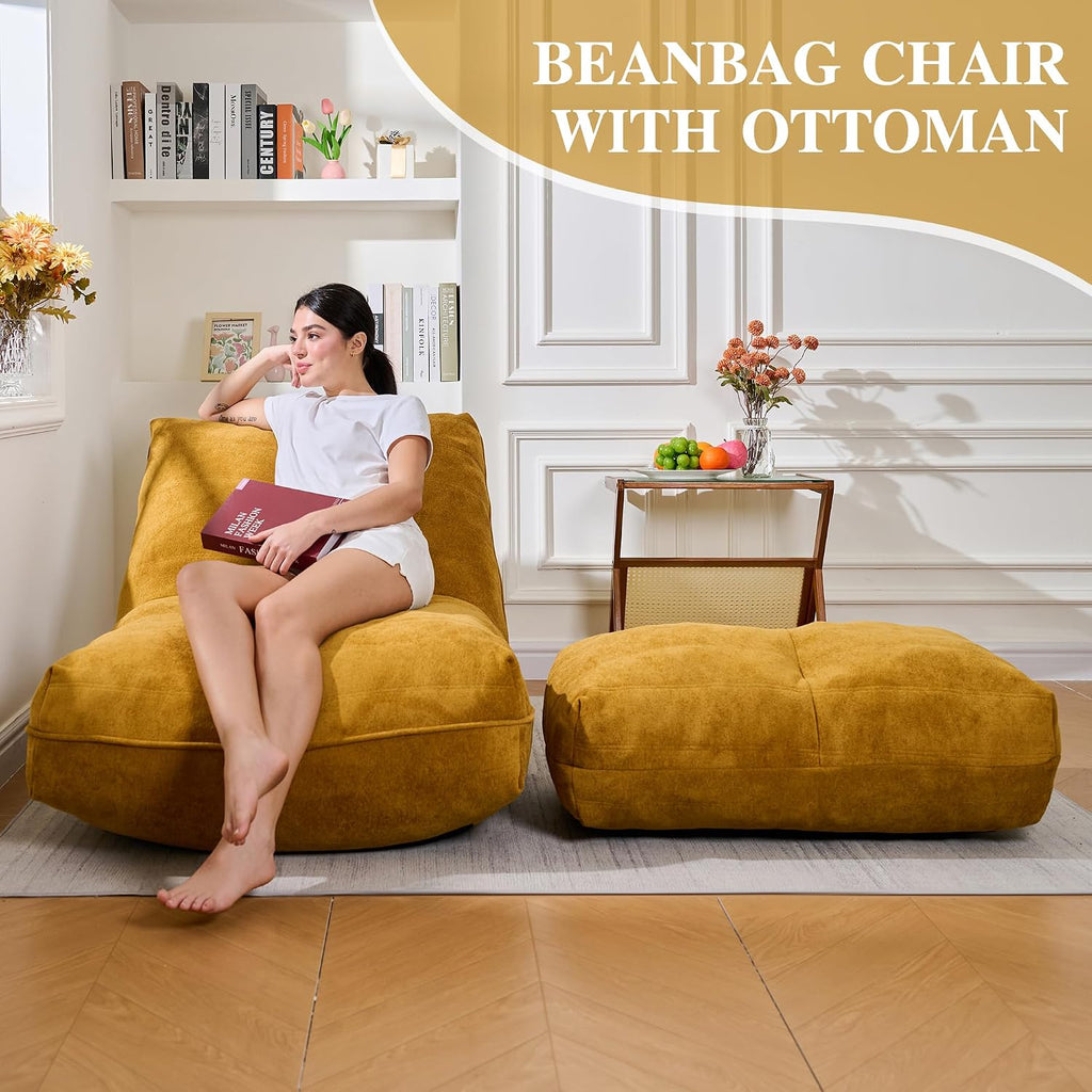 Cvortll Bean Bag Chair with Ottoman, Comfy Bean Bag Sofa with Memory Foam, Lazy BeanBag Sofa with Footstool, Fireside Bean Bag Couch for Living Room, Bedroom, Apartment (Yellow)