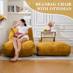 Cvortll Bean Bag Chair with Ottoman, Comfy Bean Bag Sofa with Memory Foam, Lazy BeanBag Sofa with Footstool, Fireside Bean Bag Couch for Living Room, Bedroom, Apartment (Yellow)