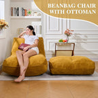 Bean Bag Chair with Ottoman, Comfy Bean Bag Sofa with Memory Foam, Lazy BeanBag Sofa with Footstool, Fireside Bean Bag Couch for Living Room, Bedroom, Apartment (Yellow)