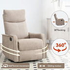 Anwick 360° Swivel Rocker Recliner Chair with Heat and Massage, Manual Upholstered Recliner for Small Spaces, Fabric Glider Nursery Chair with Side Pockets for Living Room (Khaki)