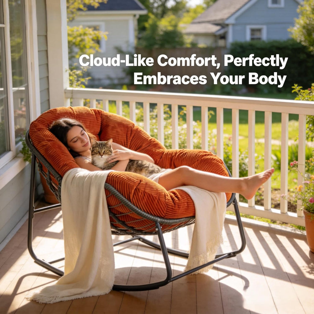 Oversized Outdoor Papasan Rocking Chair with Soft Cushion, Comfy Patio Egg Ch...