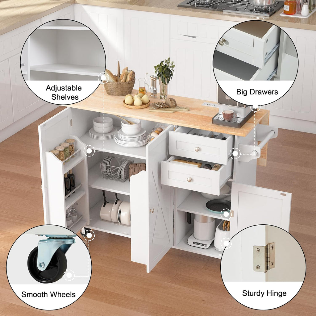 HOMREST 50.4" Kitchen Island with Drop Leaf & Power Outlet, Farmhouse Rolling Island Cart with 3 Spices Shelves on Wheels, Mobil Kitchen Island Table with Rubberwood Countertop Towel Rack, White