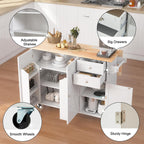 HOMREST 50.4" Kitchen Island with Drop Leaf & Power Outlet, Farmhouse Rolling Island Cart with 3 Spices Shelves on Wheels, Mobil Kitchen Island Table with Rubberwood Countertop Towel Rack, White