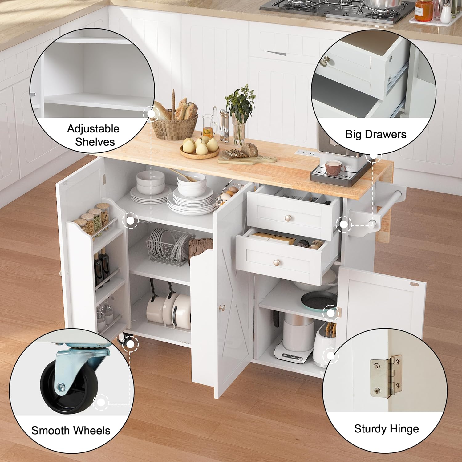 HOMREST 50.4" Kitchen Island with Drop Leaf & Power Outlet, Farmhouse Rolling Island Cart with 3 Spices Shelves on Wheels, Mobil Kitchen Island Table with Rubberwood Countertop Towel Rack, White
