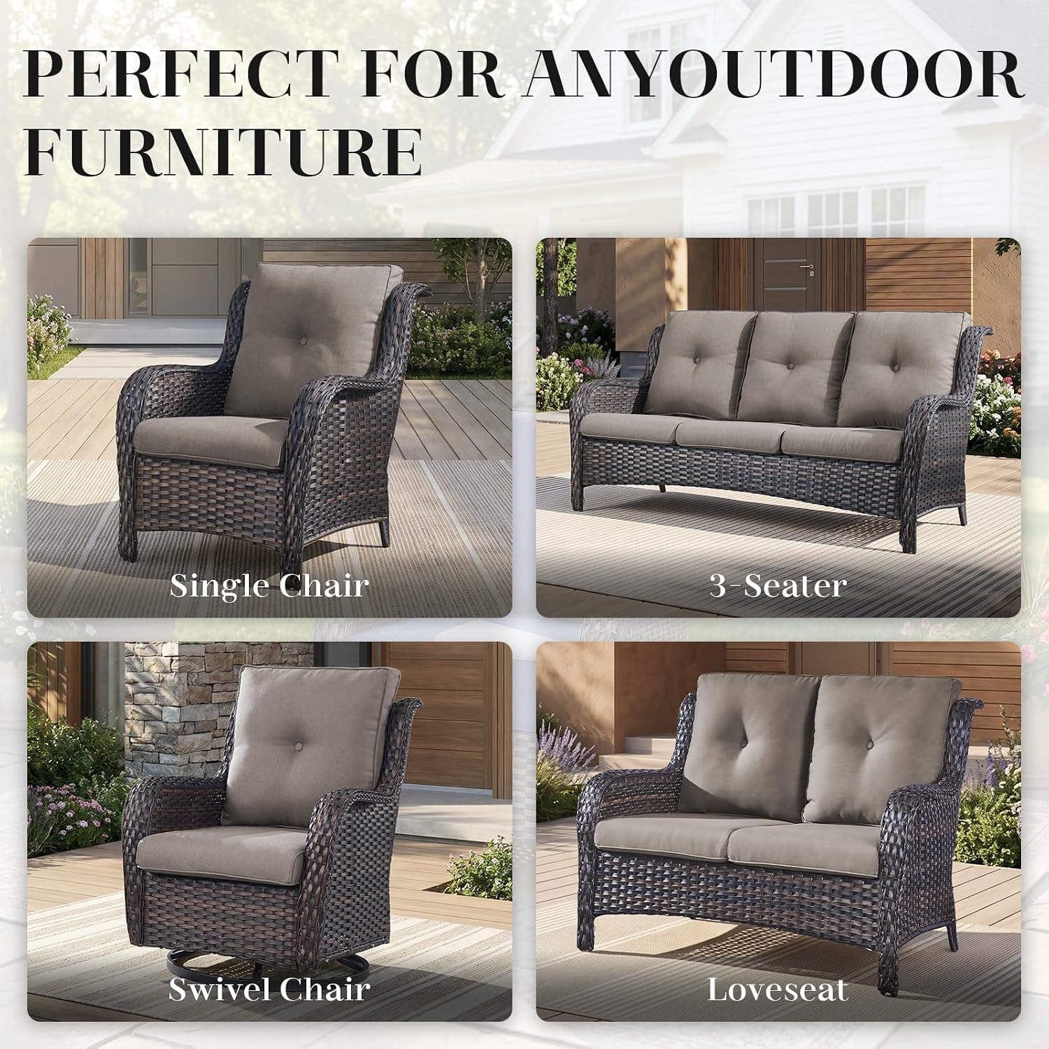 Wicker Rocking Chair Swivel Chairs - 4 Piece Rocker Patio Chairs Set Rattan Rocking Chair for Outdoor Porch Deck Garden Backyard(Brown/Grey)