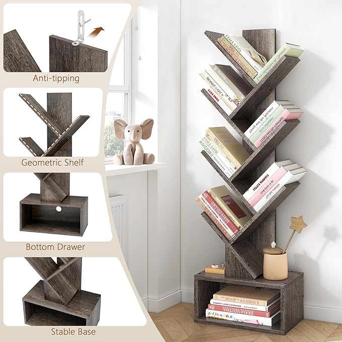 Hoctieon 6 Tier Tree Bookshelf, Tall Bookcase with Drawer, Freestanding Book Shelf, Display Floor Standing Storage Shelf, Book Organizer Shelves for Home Office, Living Room, Bedroom, Grey