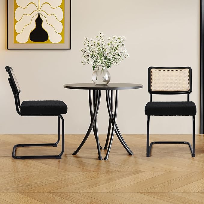 Dining Chairs Set of 2, Modern Rattan Kitchen Chairs, Mid Century Modern Design, Polished Chrome Frame, Upholstered Seat, Black