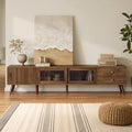 Marzzi Mid-Century Modern TV Stand for 85 inches TV, 76" Media Console with Fluted Cabinet Door, Sliding Glass Doors, and 2 Drawers, Entertainment Center with Storage, Solid Wood Legs