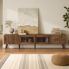 Marzzi Mid-Century Modern TV Stand for 85 inches TV, 76" Media Console with Fluted Cabinet Door, Sliding Glass Doors, and 2 Drawers, Entertainment Center with Storage, Solid Wood Legs