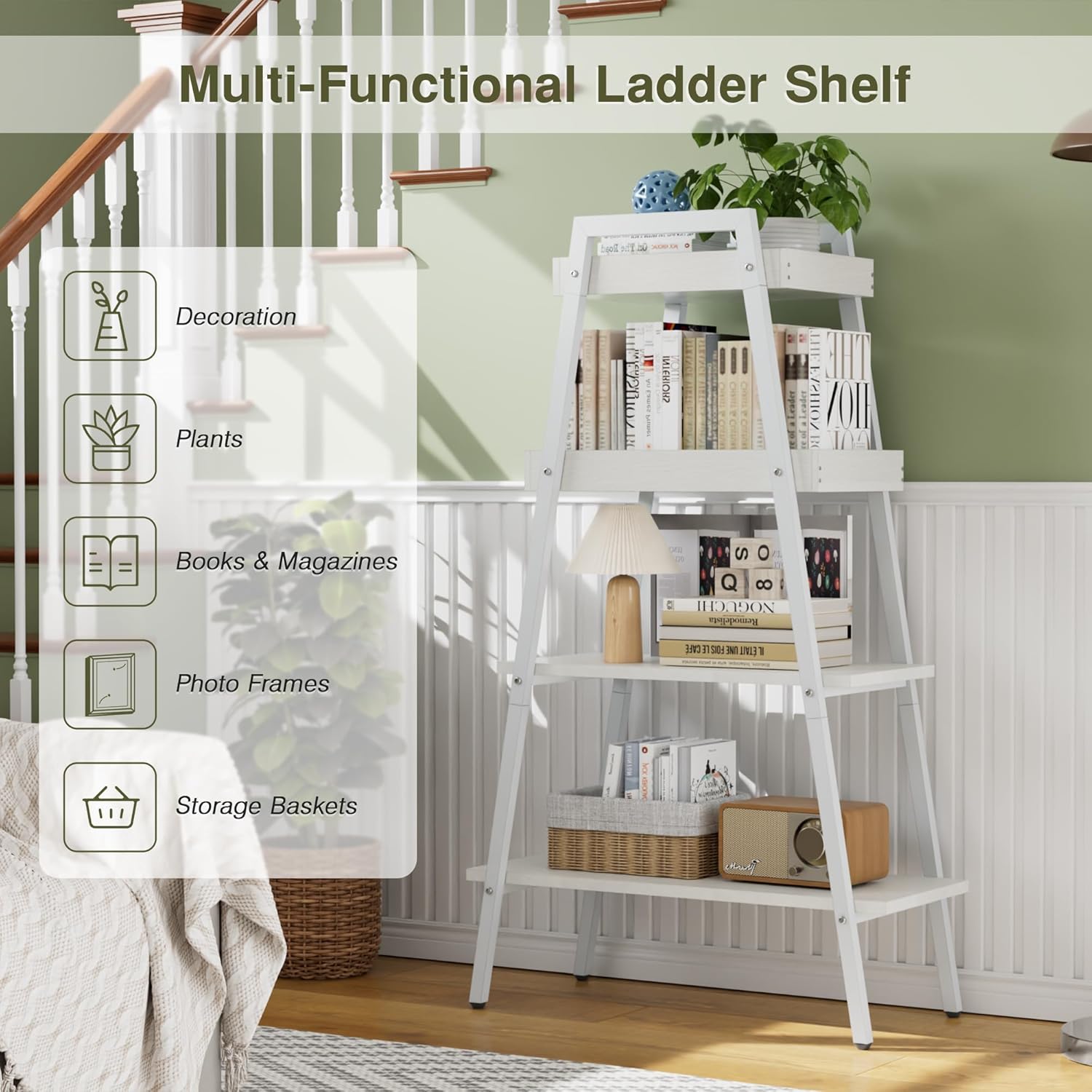 VECELO Ladder Shelf, 4 Tier Wooden Bookshelf with Metal Frame, Freestanding Bookcase Display Shelves and Plant Stand for Living Room/Farmhouse/Bedroom/Home Office-White