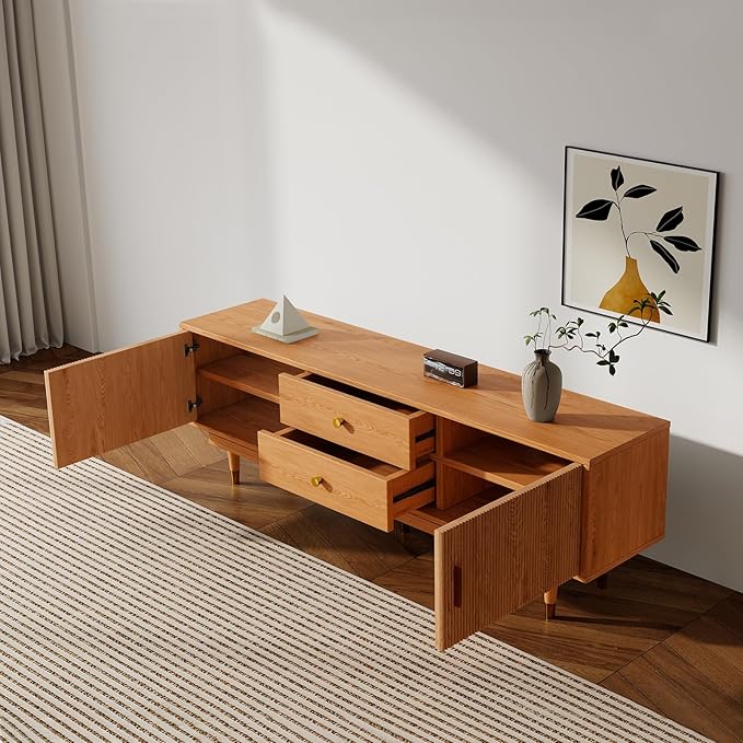 Mid Century Modern TV Stand for 80 inch TV, 70.9" Wood TV Console with 2 Storage Cabinet & 2 Drawers, Entertainment Center, Media Console for Living Room/Bedroom