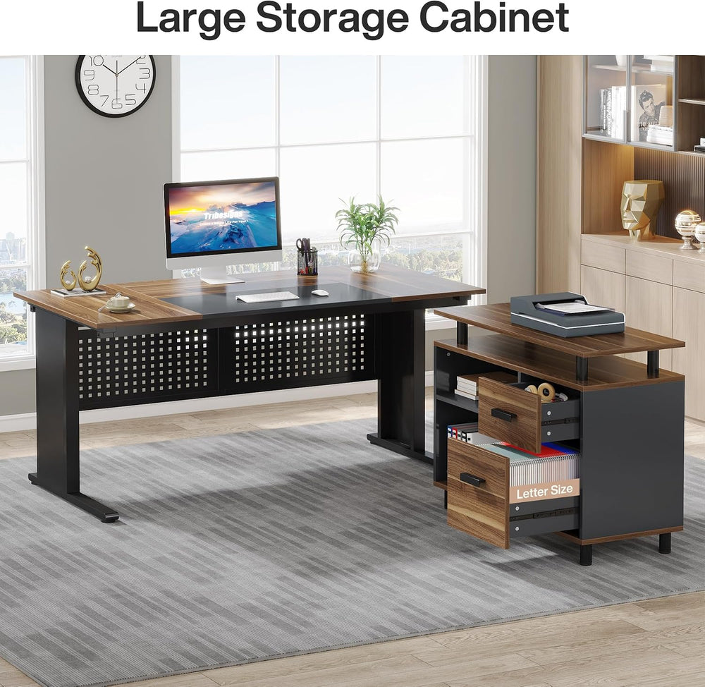 Tribesigns 63 Inch Executive Desk with Filing Cabinet, L Shaped Office Desk |...