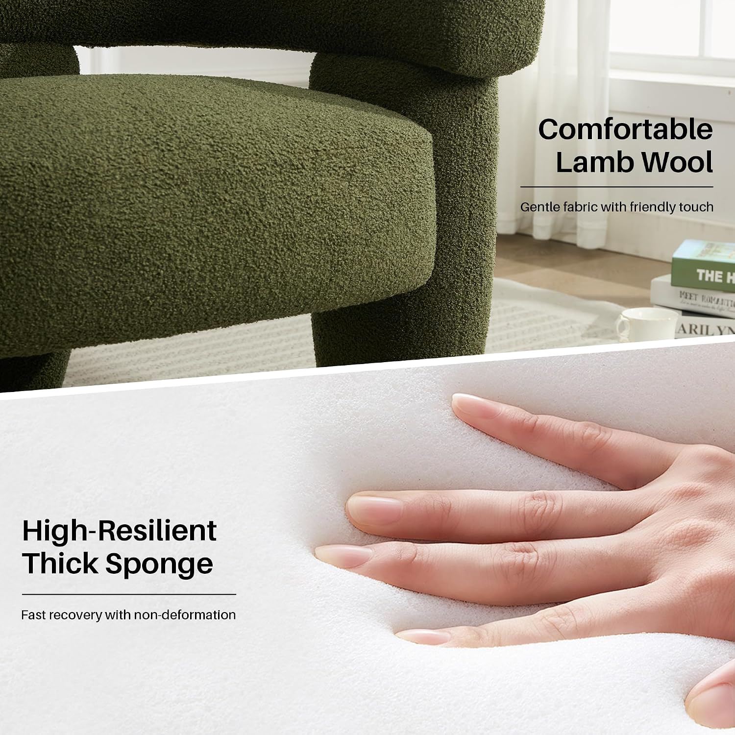 Sherpa Boucle Barrel Accent Chair, Round Armchair, Sherpa Green | Mid Century Sherpa Boucle Accent Chair, Comfy Upholstered Round Armchair with Curved Back for Living Room & Bedroom