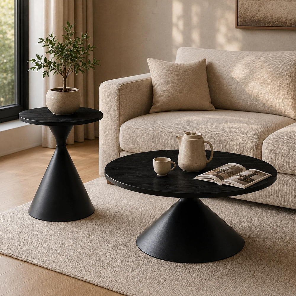 Coffee Table Set, 2-Piece Round Side Tables with Black Patterned Top & St...