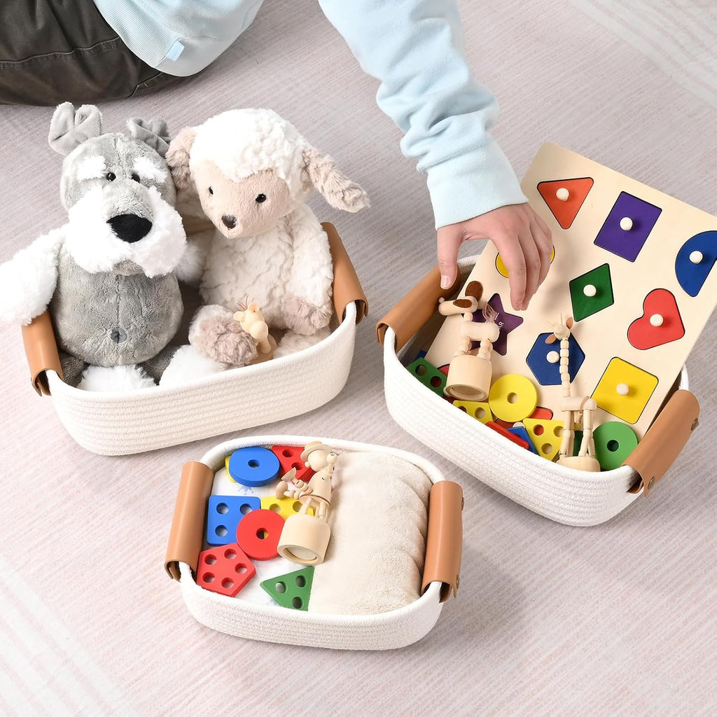 Storage Baskets for Organizing, Small Woven Basket Set of 6-4 Shelf Basket with Leather Handle and 2 Small Gift Baskets, Cotton Rope Basket for Shelves, Nursery, Dog Toy, Bathroom