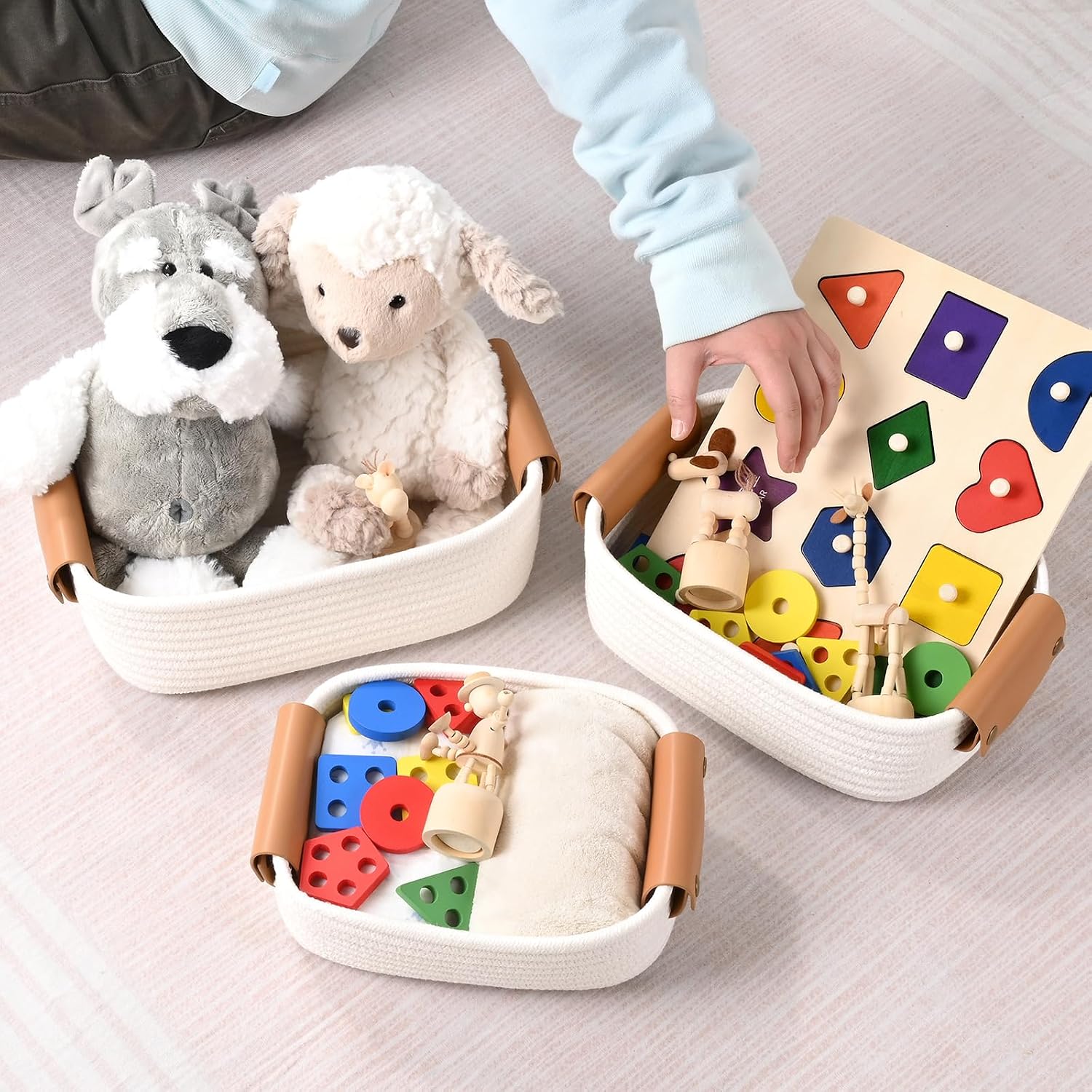 Storage Baskets for Organizing, Small Woven Basket Set of 6-4 Shelf Basket with Leather Handle and 2 Small Gift Baskets, Cotton Rope Basket for Shelves, Nursery, Dog Toy, Bathroom
