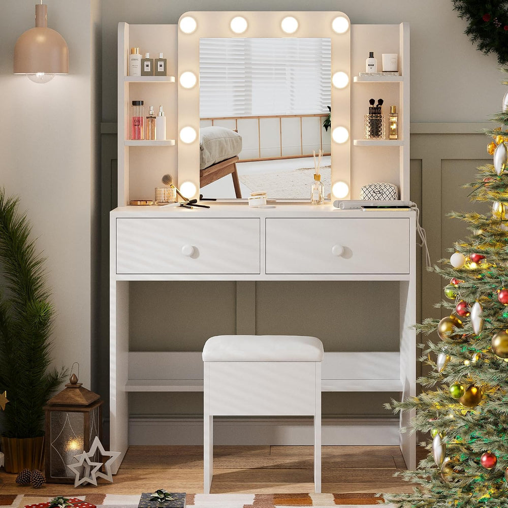 Haewon Makeup Vanity Desk with Lighted Mirror and Chair Set, White | 10 LED L...