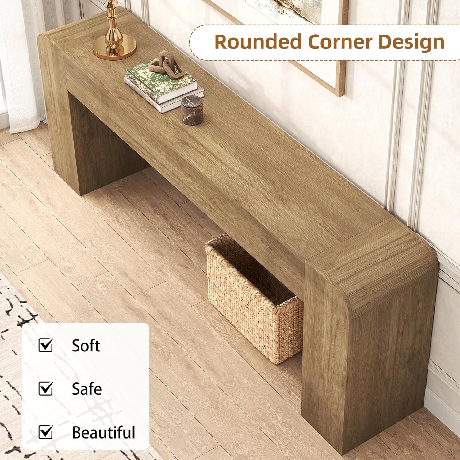 82.75" Extra Long Console Table for Entryway, Farmhouse Rounded-Edge Entryway Table, U-Shaped Foyer Table Sofa Table for Living Room Hallway Entrance, Rustic Brown