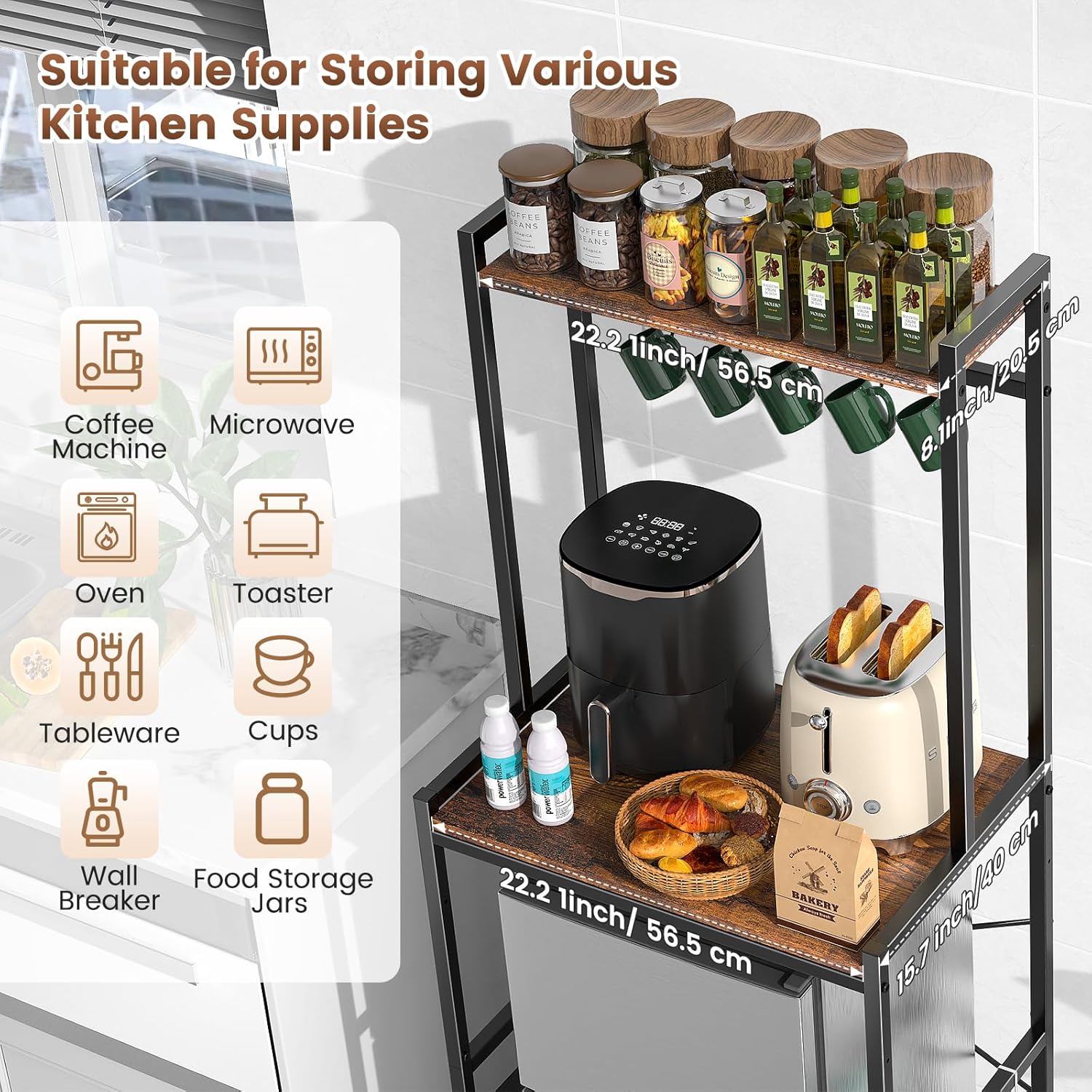 Housolution Mini Fridge Stand with Storage, 2-Tier Kitchen Microwave Stand with Storage Mini Fridge Shelf Height Adjustable Bakers Rack with 8 Hooks for Dorm, Living Room, Offices
