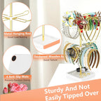 Rotatable Headband Organizer, 2 Tier Head Tie Holder, Hair Hoop Display Stand, Wooden Head Band Storage with 8 Metal Brackets, Scrunchie Rack for Bracelet, Jewelry, Claw Clip (White)