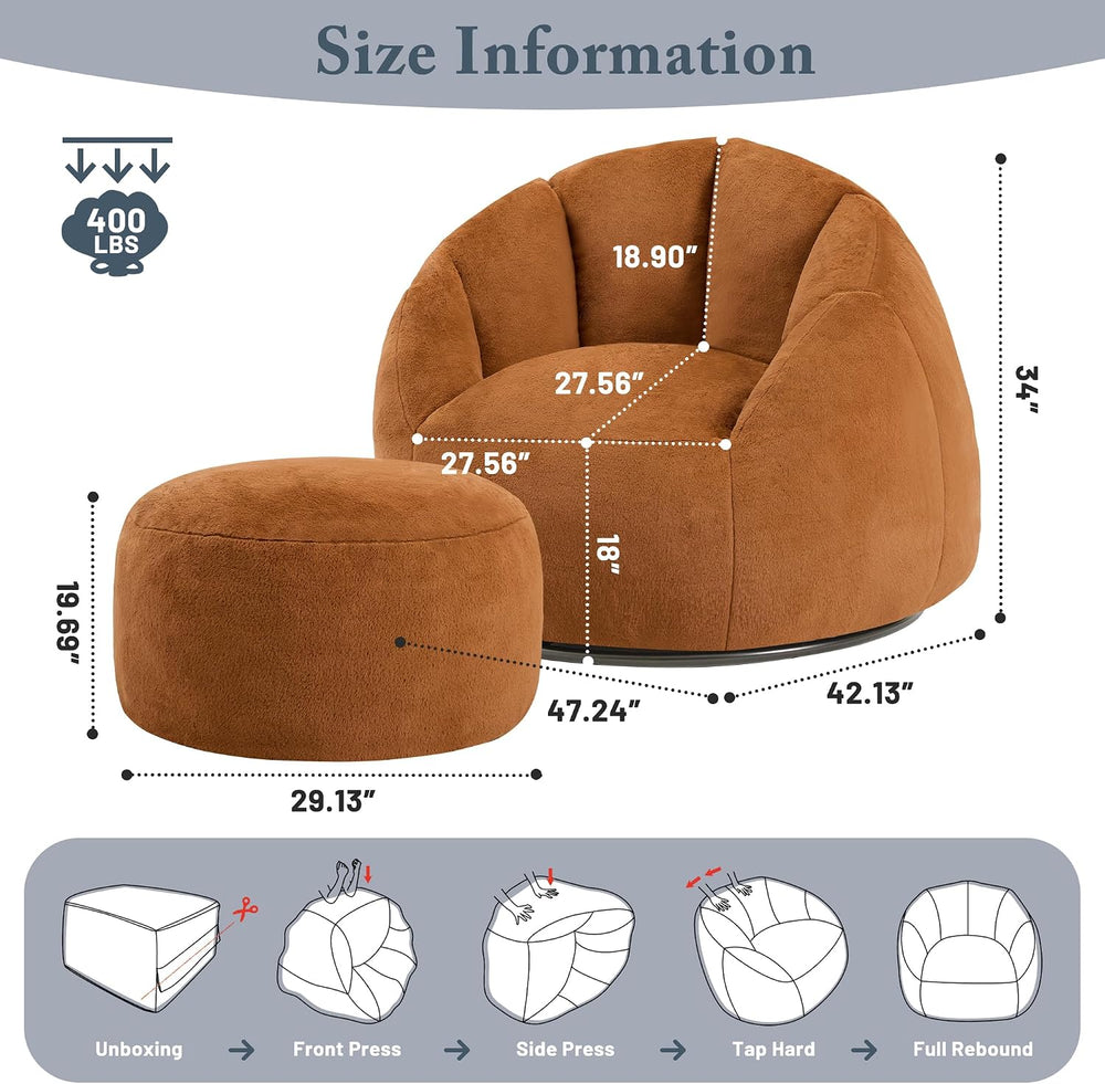 Gericco Giant Bean Bag Swivel Chair for Adults with Ottoman - Comfy Plush Rou...