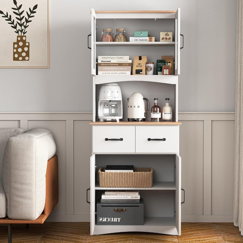 Kitchen Pantry Storage Cabinet with Framed Glass Doors and Drawer, Microwave ...