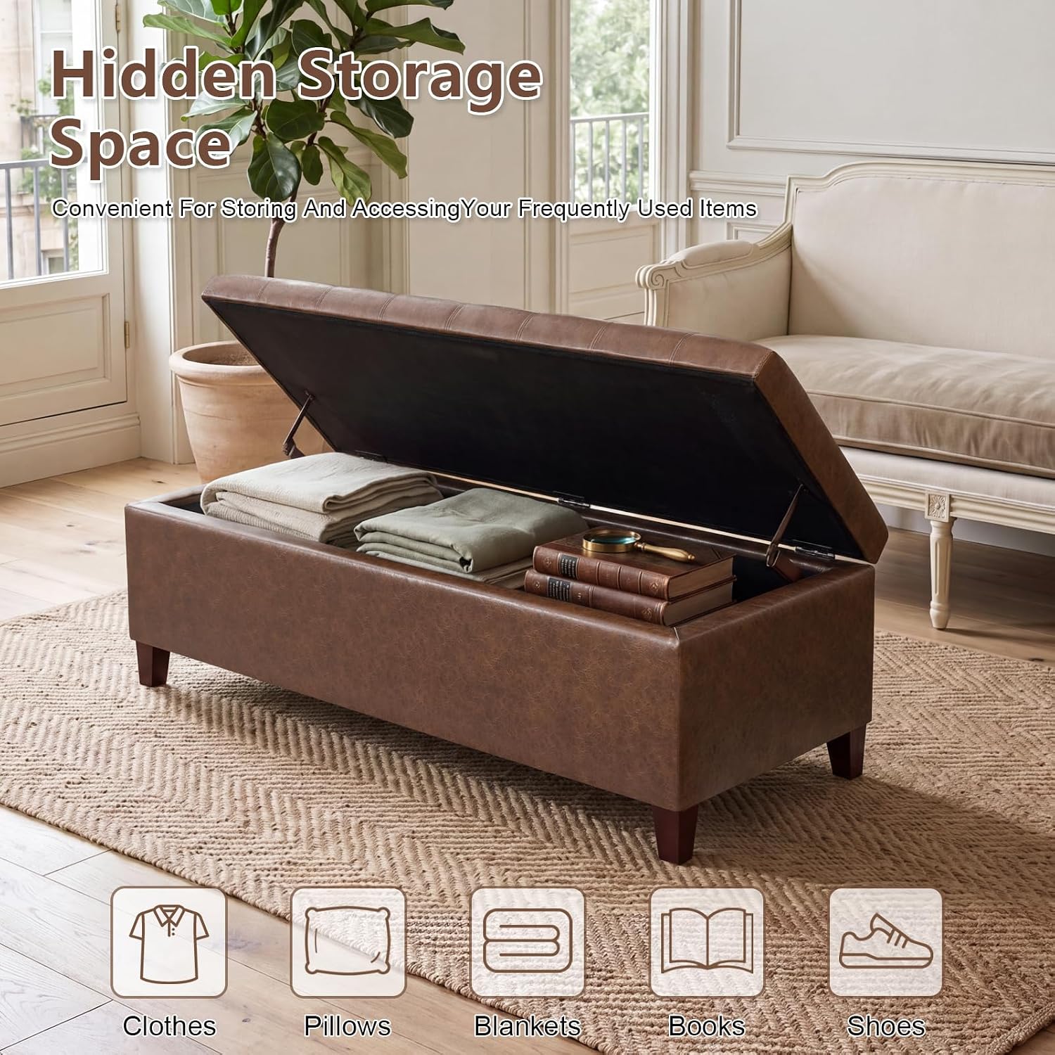 Joveco 51 Inch Storage Bench,Leather Tufted Storage Ottoman with Legs | Safety Hinges,Wooden Legs,Hidden Storage,Upholstered,End of Bed,Bedroom,Living Room,Entryway