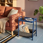 Small End Table with Fabric Storage Basket, 2-Tier Modern Metal Side Table with Tray Top, Unique Side Tables, Cute Coffee Table for Living Room, Bedroom, and Small Spaces, Navy Blue