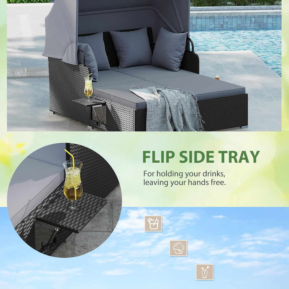 DREAMADE Outdoor Daybed with Canopy, 2 Person Rattan Sunbed with Cushions, 4 ...