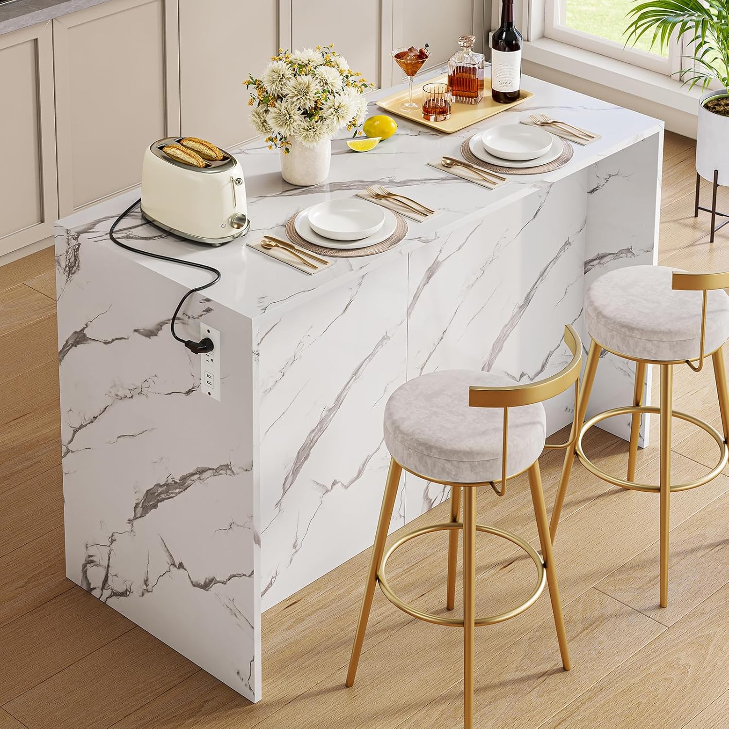 ONBRILL 47.3" Kitchen Island with 2 Storage Cabinets & 4 Drawers, Modern Imitation Marble Dining Table with Power Outlet, Island Bar Table for Kitchen, Dining Room, Living Room, White