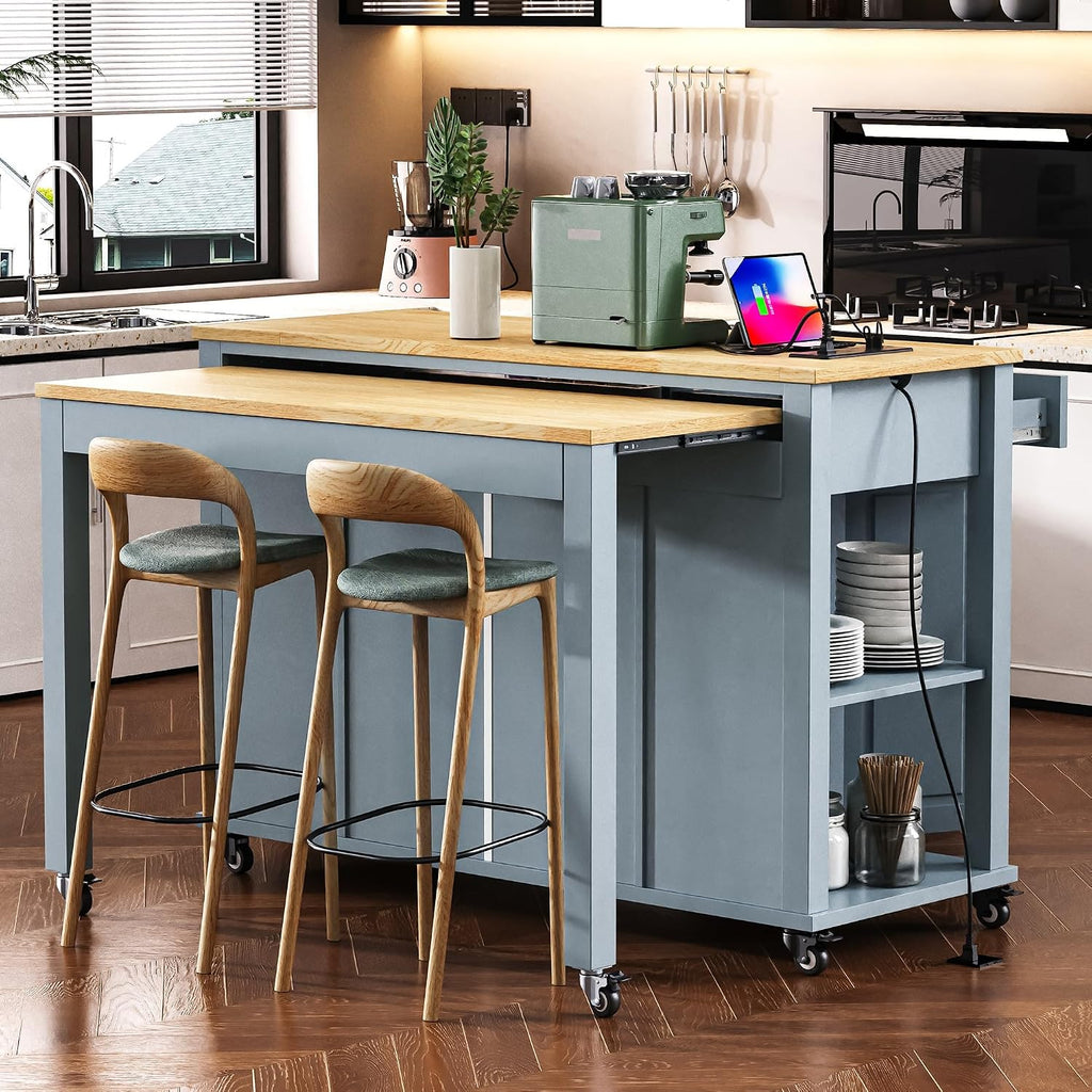 Kitchen Cart with Rubber Wood Drop-Leaf Countertop,Cabinet Door Internal Storage Racks,Kitchen Island on 5 Wheels with Storage Cabinet and 3 Drawers for Dinning Room, Black (Grey+ Blue)