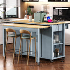 Kitchen Cart with Rubber Wood Drop-Leaf Countertop,Cabinet Door Internal Storage Racks,Kitchen Island on 5 Wheels with Storage Cabinet and 3 Drawers for Dinning Room, Black (Grey+ Blue)