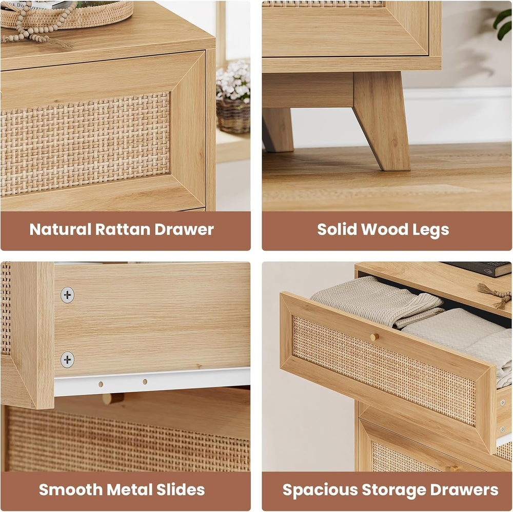 VIAGDO Rattan Nightstand Set of 2 with Charging Station, Natural Rattan Night...