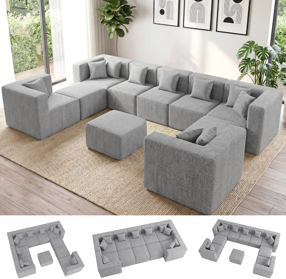 MONVANE Oversized Sectional Couch 10-Seat, Chenille, Light Gray | Sectional C...