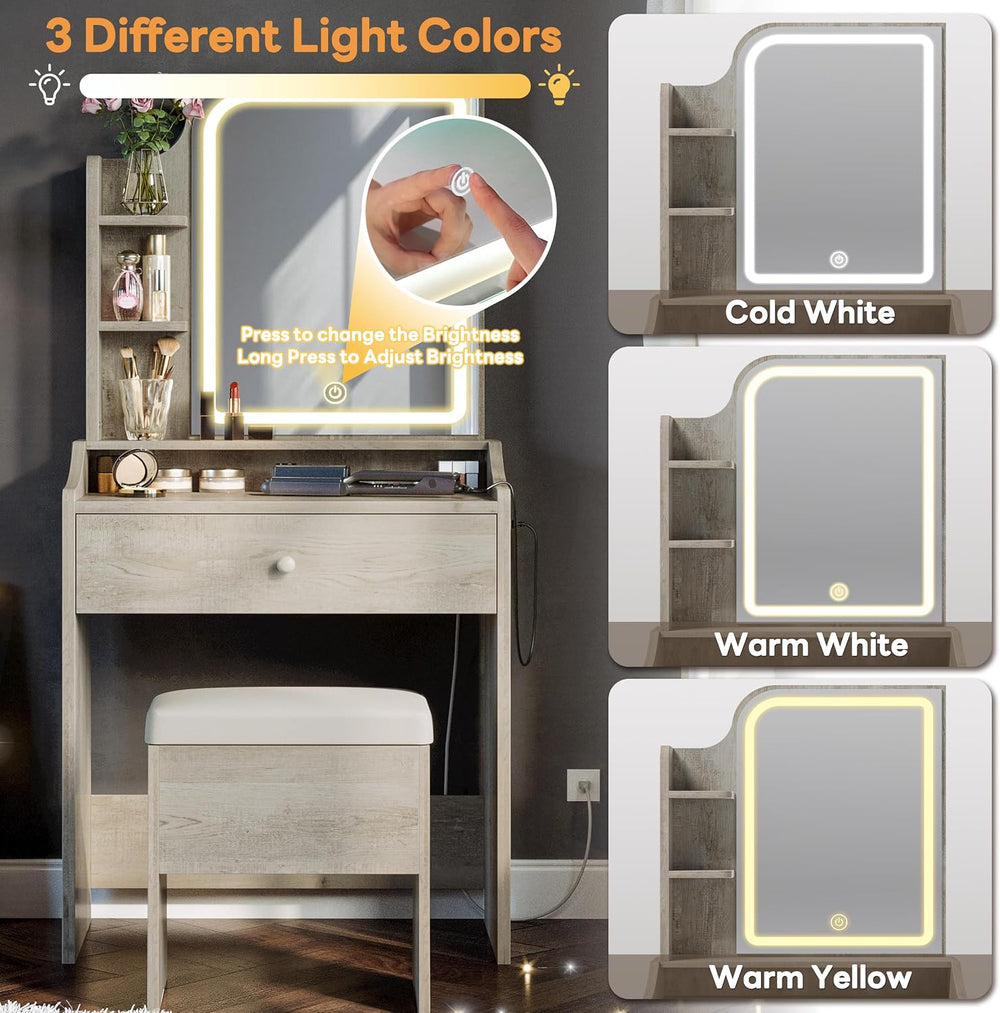 LIKIMIO Small Vanity Desk with Mirror Lights and Storage Stool | White Walnut...