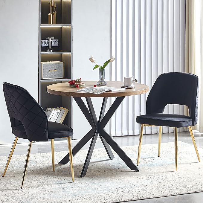 NORDICANA Modern Dining Chair Set of 2, Black Velvet Fabric Upholstered Accent Chairs with Golden Metal Legs, Round Back Side Chairs for Kitchen Living Room Bedroom