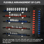 Socket Organizer Drive ABS Tools - Red Socket Holder, Premium Quality 12 Pieces Socket Holders Kit 1/4-Inch x 64 Clips, 3/8-Inch x 60 Clips, 1/2-Inch x 48 Clips（12PC,Red)