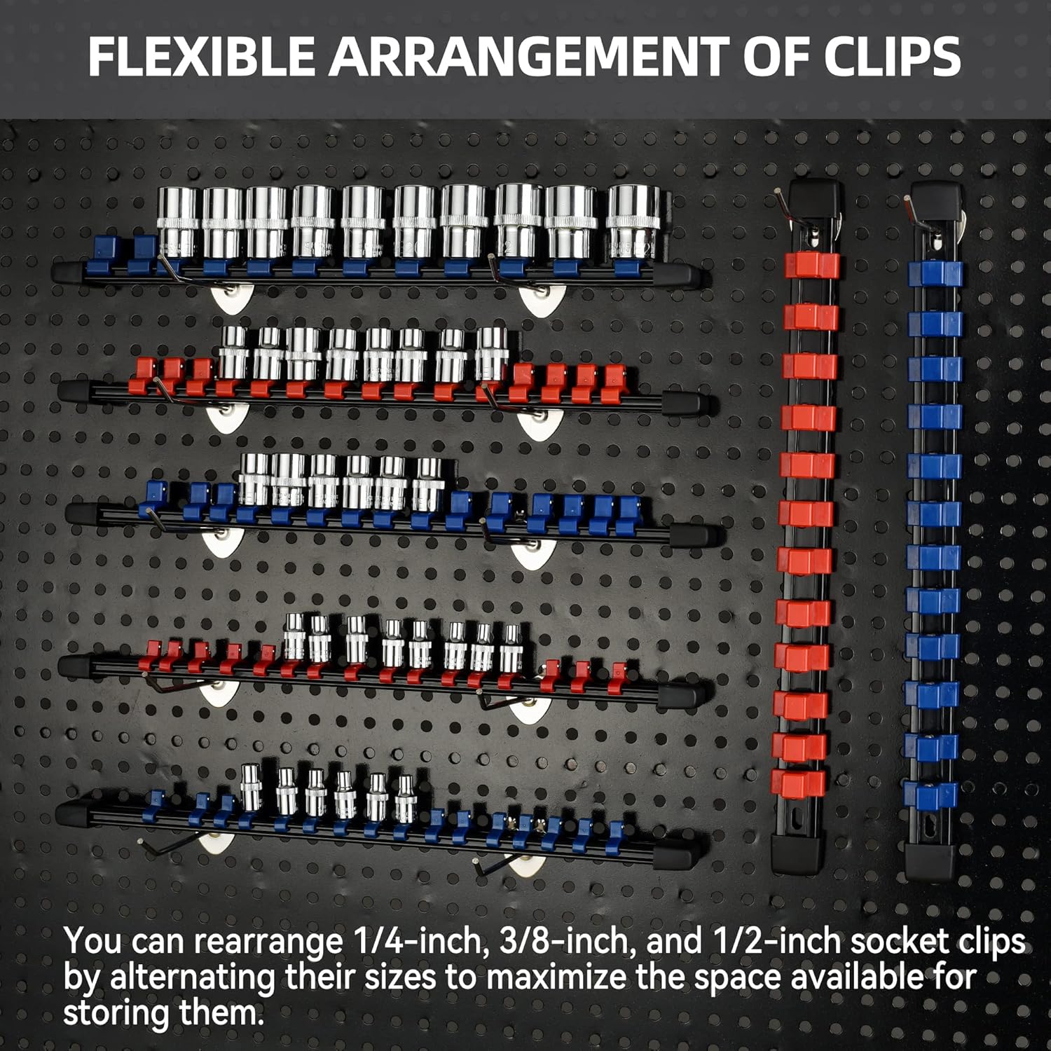 Socket Organizer Drive ABS Tools - Red Socket Holder, Premium Quality 12 Pieces Socket Holders Kit 1/4-Inch x 64 Clips, 3/8-Inch x 60 Clips, 1/2-Inch x 48 Clips（12PC,Red)