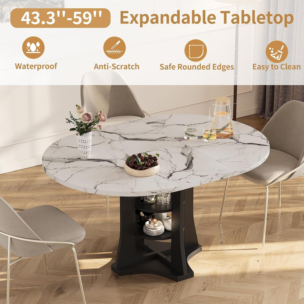 Extendable Dining Table 43"-59" for 4-6, White Faux Marble Round Ki...